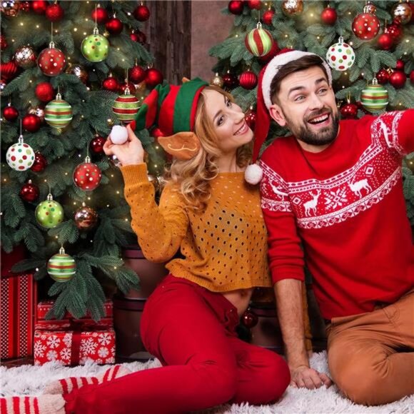 Set of 12 Christmas Ball Ornaments, 2.4'' Glitter Elf Candy Cane Tree Decoration - Picture 6 of 8